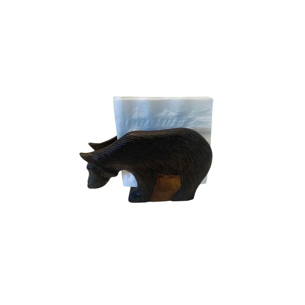 VTG Hand Carved Wood Brown Bear Napkin Holder Thailand Cabin Rustic